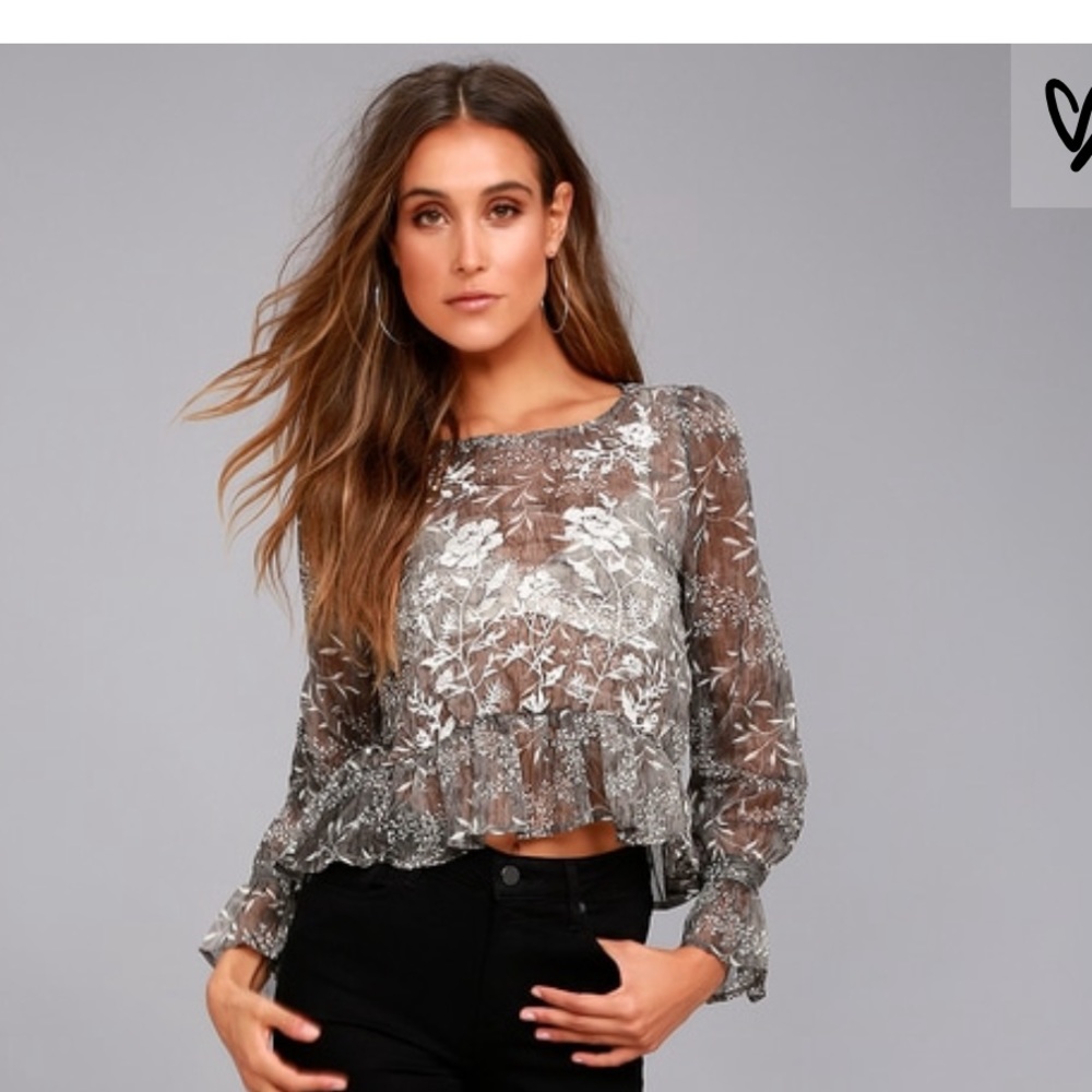 Whispering Winds Grey Floral Print Embroidered Top
